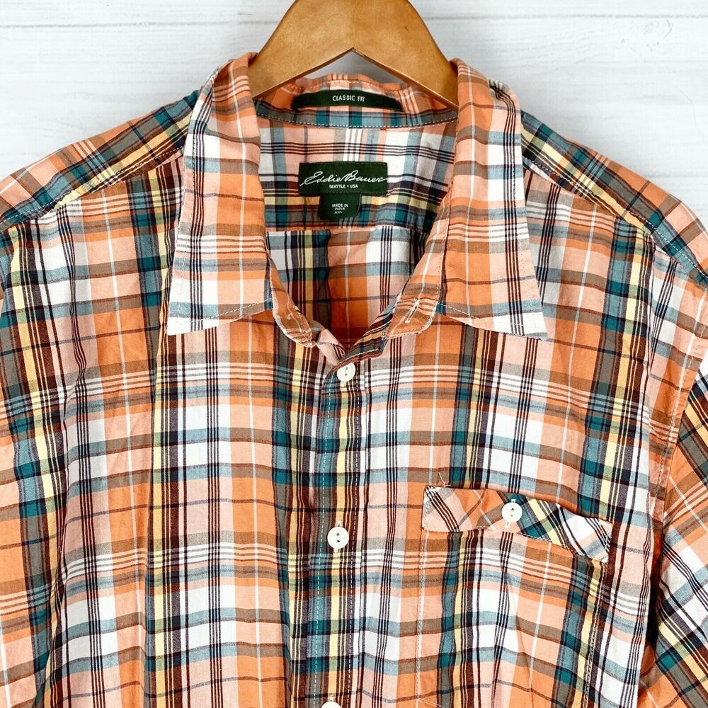 Eddie Bauer XXL Mens Plaid Shirt FALL COLORS Orange Brown Beige - Picture 2 of 5